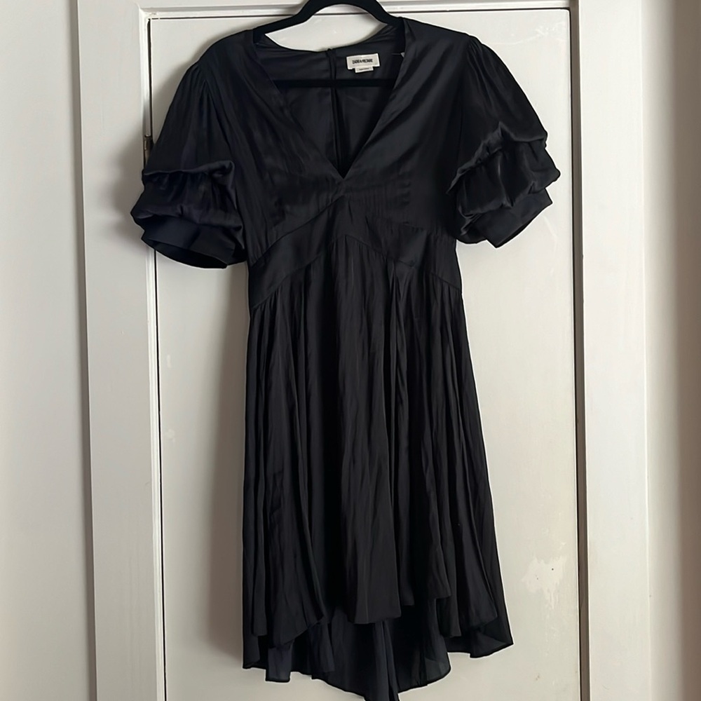 Zadig & Voltaire Royas Tiered Sleeve Satin Mini Dress in Black Size XS - Picture 7 of 14